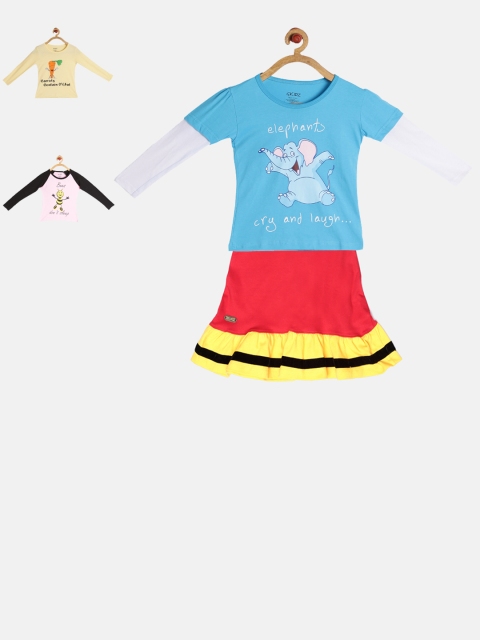 

GKIDZ Girls Pack of 3 Printed T-shirts and Skirt, Pink
