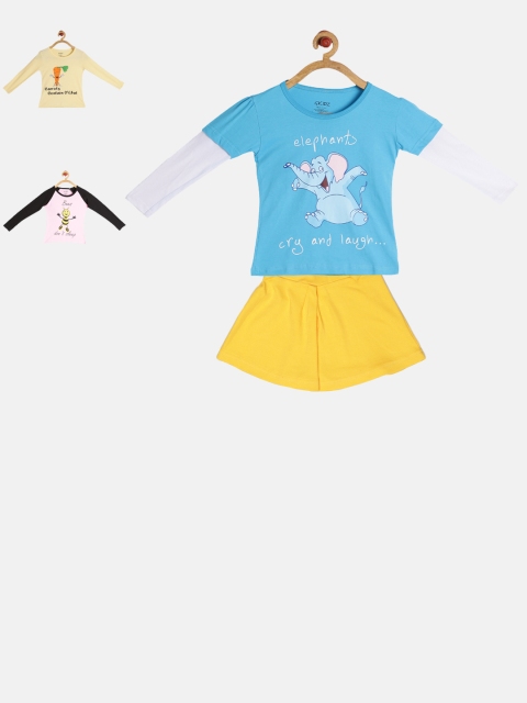 

GKIDZ Girls Pack of 3 Printed T-shirts and Skirt, Pink