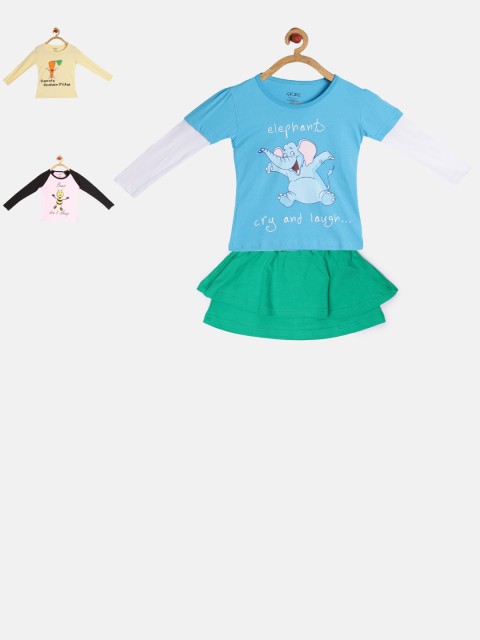 

GKIDZ Girls Pack of 3 Printed T-shirts and Skirt, Pink