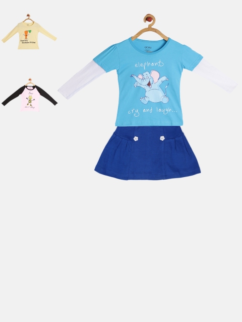 

GKIDZ Girls Pack of 3 Printed T-shirts and Skirt, Pink