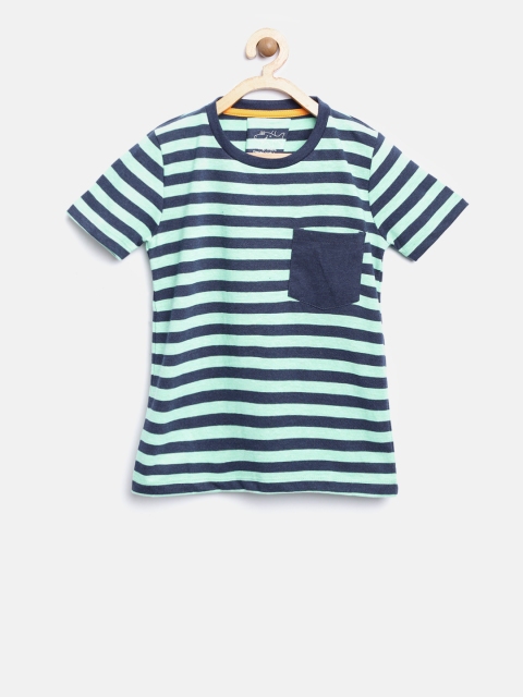 

Lazy Shark Boys Sea Green & Navy Striped Round Neck T-shirt