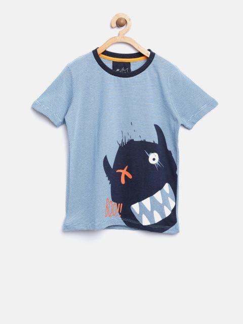 

Lazy Shark Boys Blue & White Striped Round Neck T-shirt with Printed Detail
