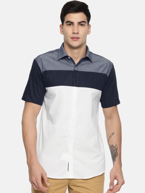 Park Avenue Men White & Navy Blue Slim Fit Colourblocked Casual Shirt