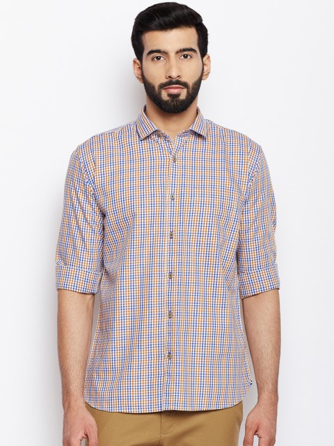 

Park Avenue Men Mustard Yellow & Blue Regular Fit Checked Casual Shirt