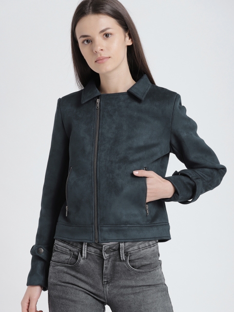 

Chemistry Women Navy Blue Solid Biker Jacket