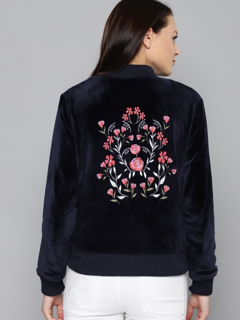 

Chemistry Women Navy Blue Self-Design Velvet Finish Bomber