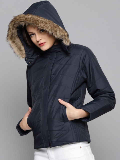 

Chemistry Women Navy Blue Solid Hooded Parka Jacket