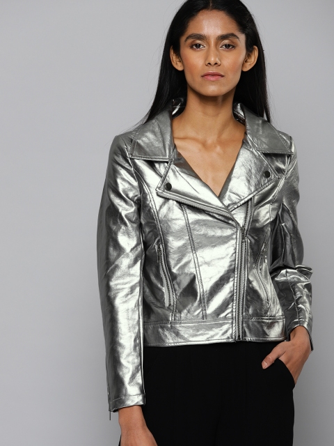 

Chemistry Women Silver-Toned Solid Biker Jacket