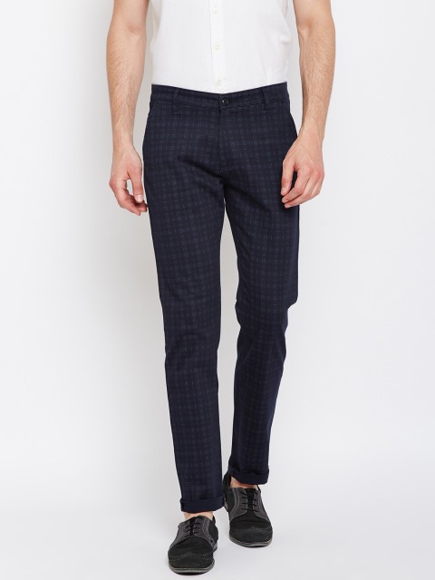 

Hancock Men Navy Blue Slim Fit Checked Chinos
