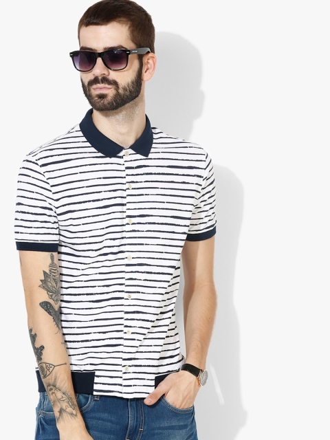 

Peter England Casuals Men White & Navy Striped Polo Collar T-shirt