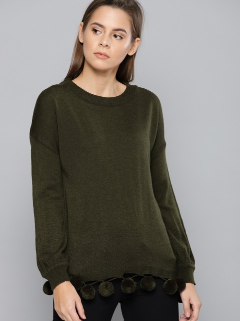 

Chemistry Women Olive Green Solid Pullover Sweater