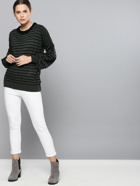 

Chemistry Women Charcoal Grey & Navy Blue Striped Pullover