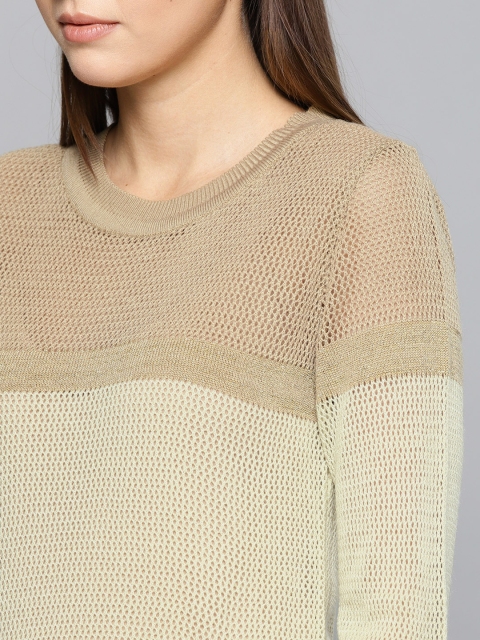 

Chemistry Women Cream-Coloured & Brown Colourblocked Open Knit Pullover Sweater
