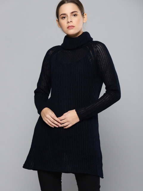 

Chemistry Women Navy Blue Solid Turtle Neck Longline Sweater