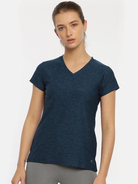

Kanvin Women Navy Blue Self Design V-Neck Activewear T-shirt