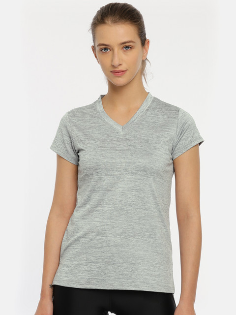 

Kanvin Women Grey Melange Self Design V-Neck Activewear T-shirt
