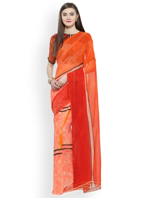 

Shaily Peach-Coloured & Orange Pure Georgette Printed Saree