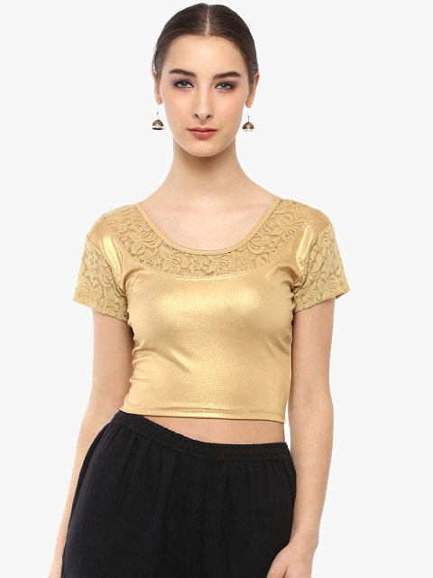 

SALWAR STUDIO Gold-Toned Solid Saree Blouse with Lace Inserts