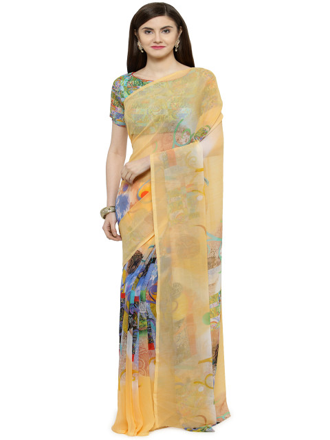 

Shaily Orange & Blue Pure Georgette Printed Saree