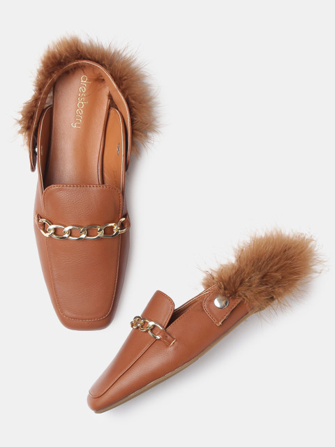 

DressBerry Women Brown Solid Faux Fur Mules