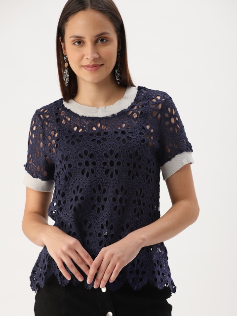 

DressBerry Women Navy Blue Sheer Self Design Top