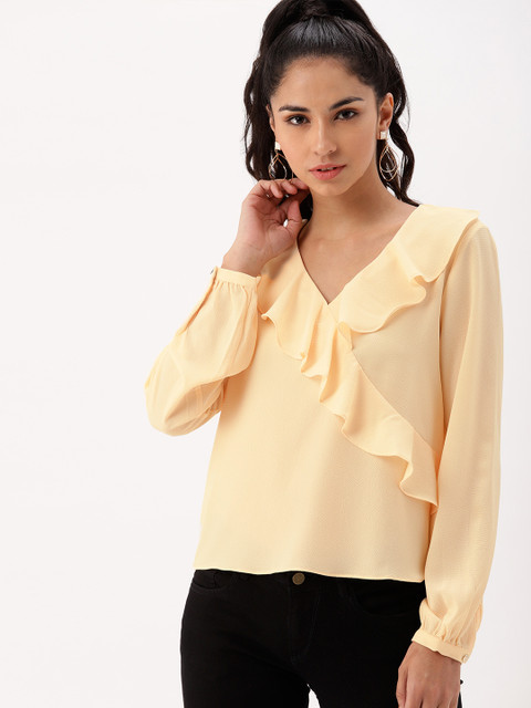 

DressBerry Women Cream-Coloured Solid Ruffled Top