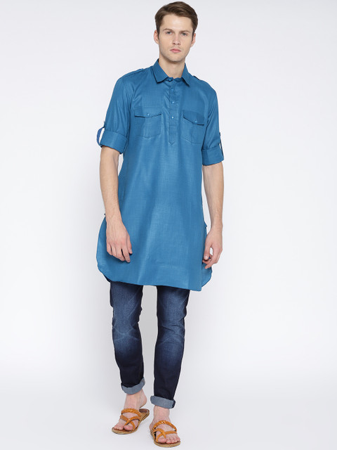 

Gatha Men Teal Blue Solid Pathani Kurta