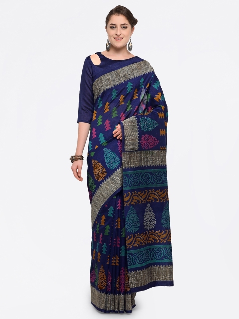 

Saree mall Navy Blue Silk Blend Printed Bhagalpuri Saree