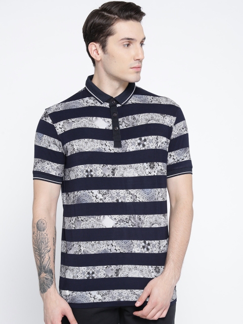 

Fort Collins Men Navy Blue & Grey Striped Polo Collar T-shirt