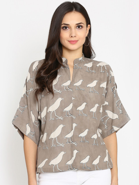 

Abhishti Women Taupe Block Print Pure Cotton Top