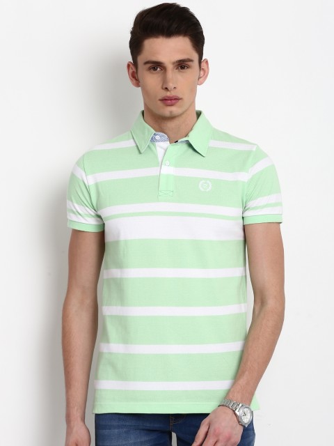 

Classic Polo Men Green Striped Polo Collar T-shirt