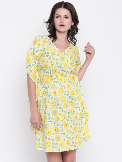 

The Kaftan Company Women Yellow & White Floral Print Cover-Up Dress RW_VS_CORFU05