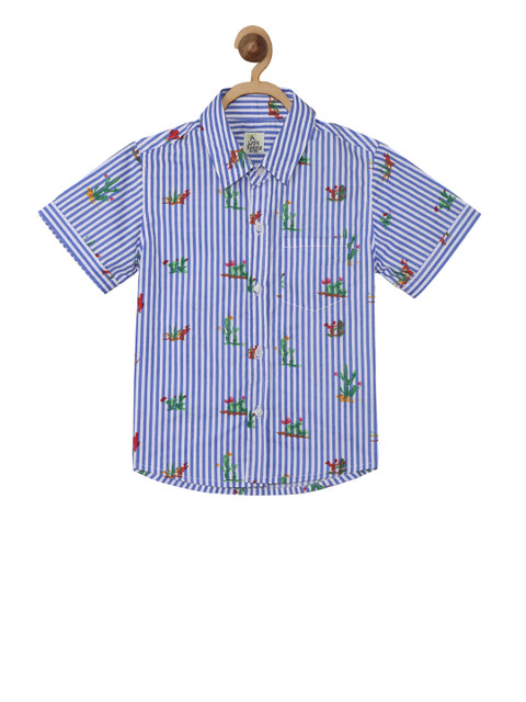

A Little Fable Boys Blue & White Regular Fit Striped Casual Shirt