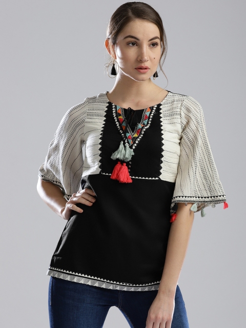 

W Women Black & Off-White Striped Top
