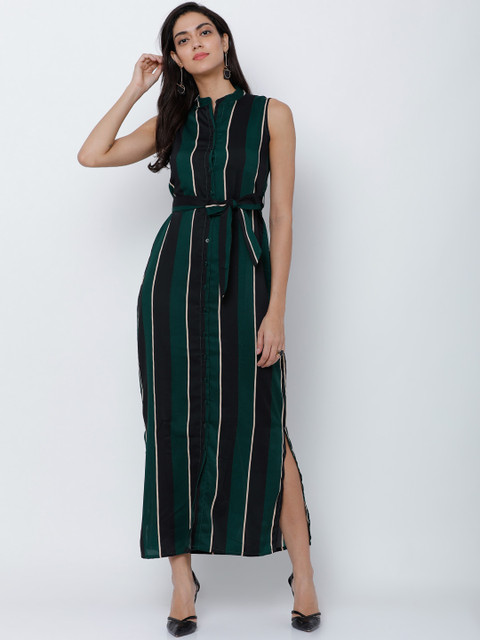 

Tokyo Talkies Women Green Striped Maxi Dress