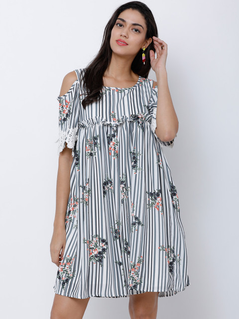 

Tokyo Talkies Women White Printed Cold Shoulder A-Line Dress