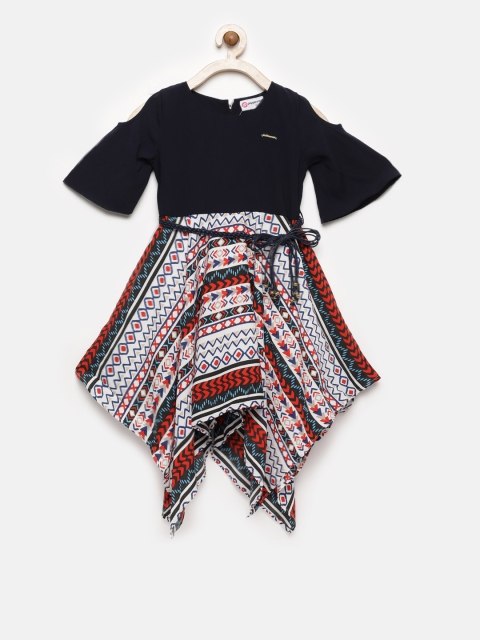 

Peppermint Girls Navy Blue Printed Fit and Flare Dress