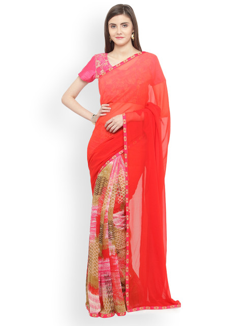 

Shaily Red Printed Pure Georgette Half and Half Saree