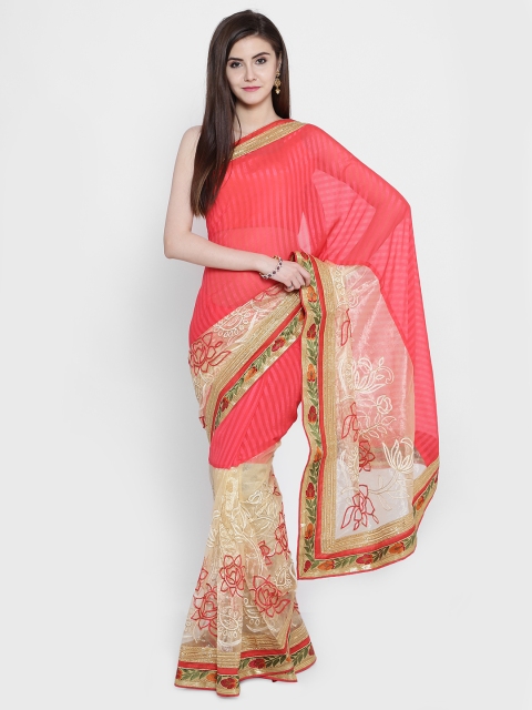

Chhabra 555 Women Pink & Cream-Coloured Poly Georgette Embellished Saree