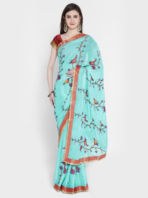 

Chhabra 555 Women Green Embroidered Poly Georgette Saree