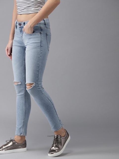 

HERE&NOW Women Blue Ankle Skinny Fit Mid-Rise Slash Knee Stretchable Cropped Jeans