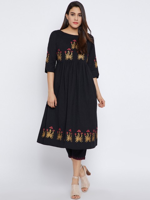 

Bitterlime Women Black Block Print Kurta with Trousers