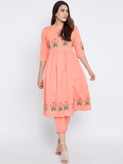 

Bitterlime Women Peach-Coloured Block Print Kurta with Trousers