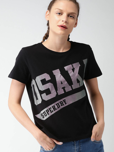 

Superdry Women Black Printed Round Neck Boxy T-shirt