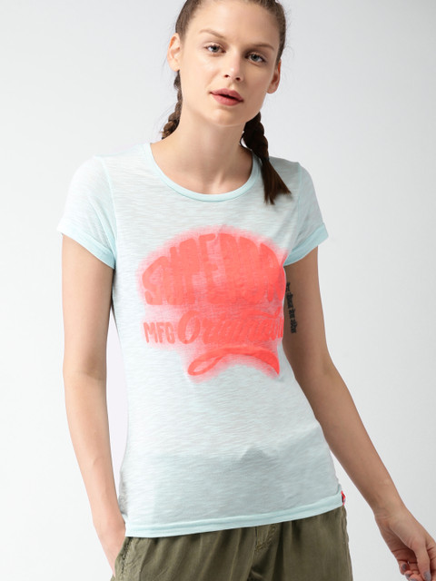 

Superdry Women Blue & Neon Orange Printed Round Neck T-shirt