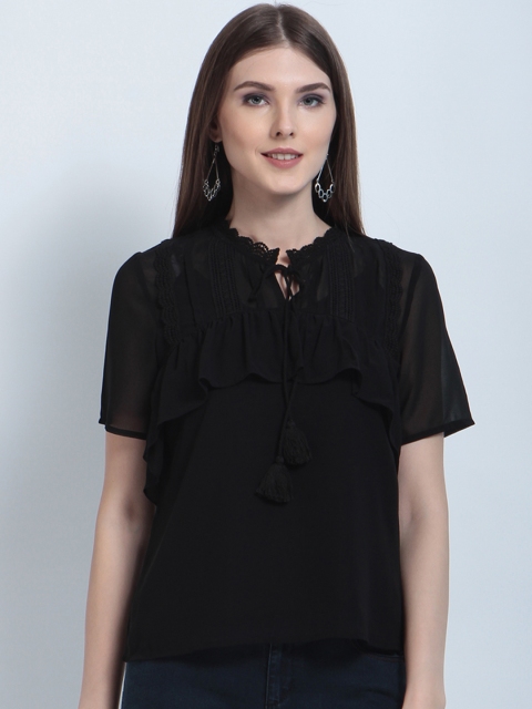 

RARE Women Black Solid Top with Lace Detail