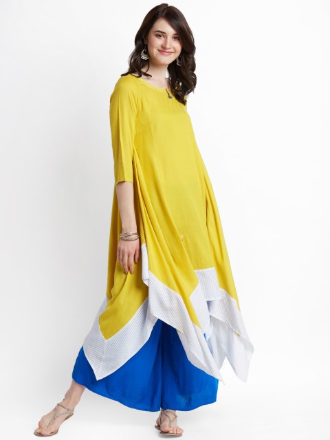 

RANGMANCH BY PANTALOONS Women Yellow Solid A-Line Asymmetric Kurta
