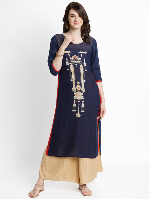

RANGMANCH BY PANTALOONS Women Navy Blue Printed A-Line Kurta