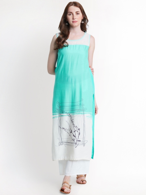 

RANGMANCH BY PANTALOONS Women Turquoise Blue & White Printed Kurta
