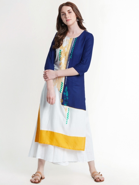 

RANGMANCH BY PANTALOONS Women White & Blue Printed Straight Kurta